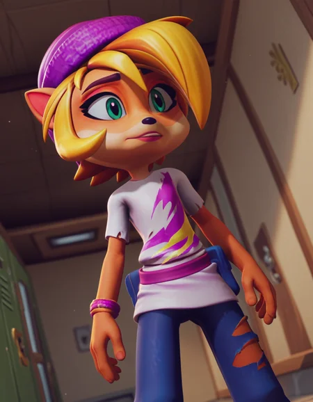 score_9, score_8_up, score_7_up, source_anime, <lora:coco-bandicoot-totally-tubular-ingame4-ponyxl-lora-nochekaiser:1>, coco bandicoot, short hair, blonde hair, green eyes, pointy ears, furry, 3d, shirt, hat, torn clothes, striped shirt, pants, school hallway, lockers, between classes, everyday life, , , from below, solo,, cowboy shot, dutch angle,