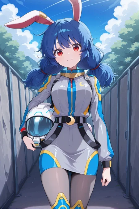 absurdres, highres, masterpiece, best quality, amazing quality, official anime artwork, screencap, anime screencap, outdoors, looking at viewer, light smile, dynamic pose, standing,
 <lora:Seiran_Illustrious:1> seiran, 1girl, solo, red eyes, blue hair, long hair, low twintails, rabbit ears, rabbit tail,, seiran \(thought investigator of the capital\), alternate costume, earclip, crescent, spacesuit, grey suit, long sleeves, belt, grey skirt, pencil skirt, grey pantyhose, blue boots, holding helmet,