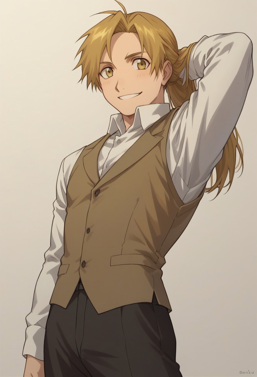 score_9, score_8_up, score_7_up, source_anime, highly detailed, 

alphonseelric, solo, 1boy, male focus, vest, blonde hair, shirt, pants, gradient, waistcoat,
smile, long hair, white shirt, long sleeves, yellow eyes,