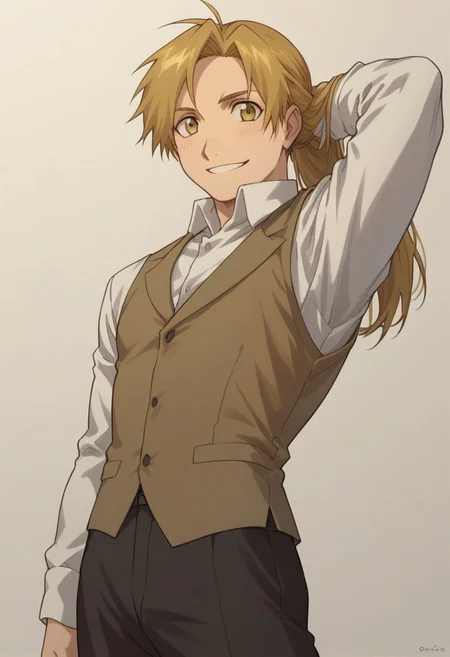 score_9, score_8_up, score_7_up, source_anime, highly detailed,
alphonseelric, solo, 1boy, male focus, vest, blonde hair, shirt, pants, gradient, waistcoat,
smile, long hair, white shirt, long sleeves, yellow eyes,