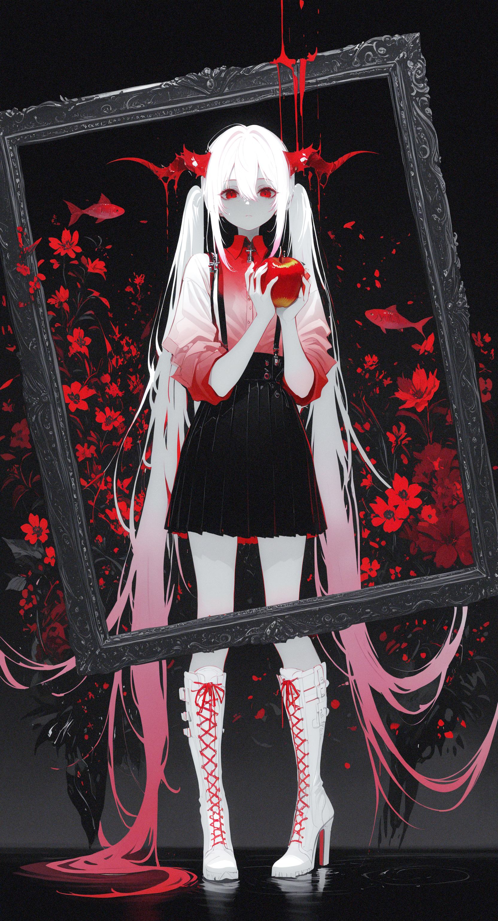 masterpiece, best quality, good quality, very awa, newest, highres, absurdres, 1girl, solo, long hair, looking at viewer, shirt, skirt, red eyes, holding, hair between eyes, very long hair, twintails, standing, full body, white hair, pink hair, flower, multicolored hair, red hair, pleated skirt, boots, horns, food, black skirt, gradient hair, fruit, expressionless, white footwear, holding food, suspenders, knee boots, sleeves rolled up, fish, high heel boots, spot color, cross-laced footwear, apple, suspender skirt, absurdly long hair, lace-up boots, limited palette, alternate hair color, holding fruit, partially colored, picture frame, surreal, red apple, limited palette, h4ra_illu <lora:illustriousXL_stabilizer_v1.23:0.3> <lora:NOOB_vp1_detailer_by_volnovik_v1:0.3> <lora:ponyv6_noobE11_2_adamW-000017:0.3> <lora:114558v4df2fsdf5:0.6> <lora:XXX667:0.4> <lora:mon_monmon2133:0.5> <lora:hara_id_21:0.6>