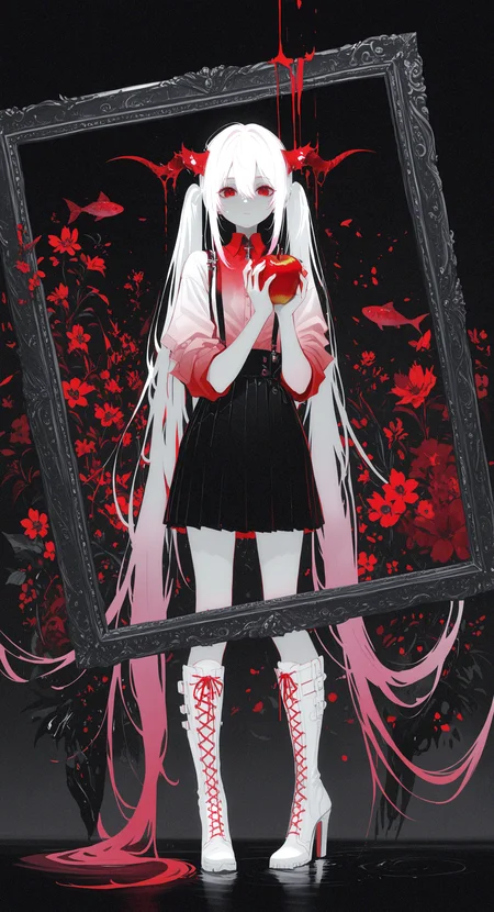masterpiece, best quality, good quality, very awa, newest, highres, absurdres, 1girl, solo, long hair, looking at viewer, shirt, skirt, red eyes, holding, hair between eyes, very long hair, twintails, standing, full body, white hair, pink hair, flower, multicolored hair, red hair, pleated skirt, boots, horns, food, black skirt, gradient hair, fruit, expressionless, white footwear, holding food, suspenders, knee boots, sleeves rolled up, fish, high heel boots, spot color, cross-laced footwear, apple, suspender skirt, absurdly long hair, lace-up boots, limited palette, alternate hair color, holding fruit, partially colored, picture frame, surreal, red apple, limited palette, h4ra_illu <lora:illustriousXL_stabilizer_v1.23:0.3> <lora:NOOB_vp1_detailer_by_volnovik_v1:0.3> <lora:ponyv6_noobE11_2_adamW-000017:0.3> <lora:114558v4df2fsdf5:0.6> <lora:XXX667:0.4> <lora:mon_monmon2133:0.5> <lora:hara_id_21:0.6>