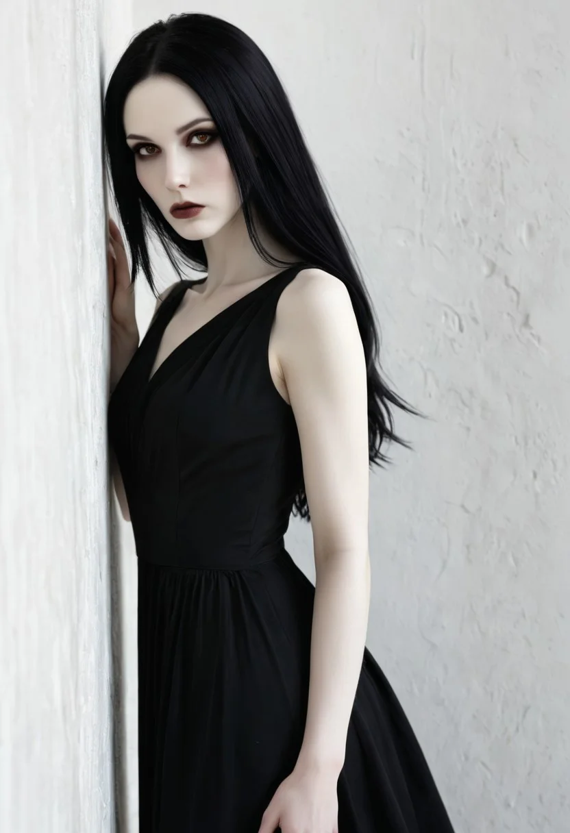 pale beauty, leaning against a wall, cold brown stare, black-white hair, pale skin, black dress