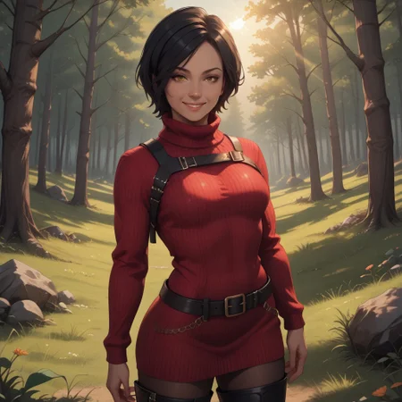 score_9, score_8, BREAK, solo, Ada, black hair, short hair, red sweater, pantyhose, black thigh boots, belt, sexy pose, self portrait, smile, outdoors, sunlight, shadows, evening lighting, natural lighting, forest, trees, grass, orange sky, sunset
