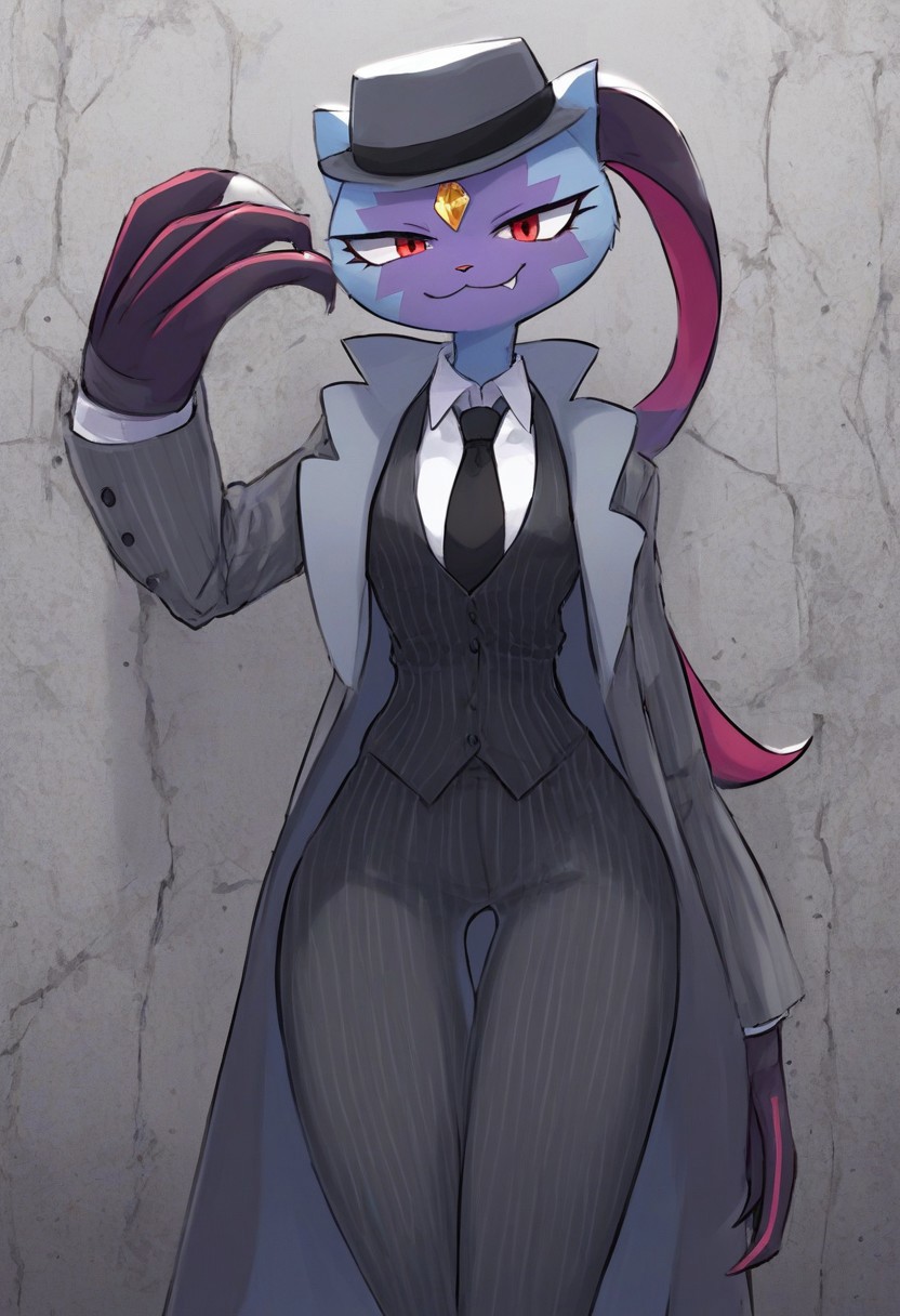 score_9, score_8_up, toony, Sneasler, grey body, big claws, one long ear, red eyes, 1girl, furry female, solo, pokemon(creature), tall, smile, forehead jewel, body fur, wide hips, small waist, BREAK, Pinstripe Suit, mafia suit, hat, mafi4, necktie, gloves, suit, fedora, white shirt, black vest, coat, concrete background, spotlight