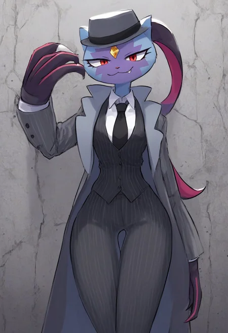 score_9, score_8_up, toony, Sneasler, grey body, big claws, one long ear, red eyes, 1girl, furry female, solo, pokemon(creature), tall, smile, forehead jewel, body fur, wide hips, small waist, BREAK, Pinstripe Suit, mafia suit, hat, mafi4, necktie, gloves, suit, fedora, white shirt, black vest, coat, concrete background, spotlight