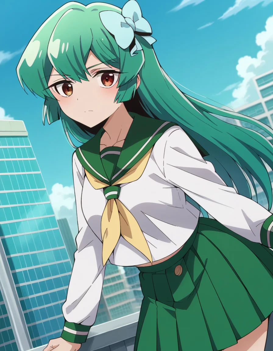 score_9, score_8_up, score_7_up, source_anime,
sayominakami, <lora:sayo-minakami-ponyxl-lora-nochekaiser:1>
sayo minakami, long hair, brown eyes, bow, hair bow, green hair,
skirt, shirt, long sleeves, school uniform, white shirt, pleated skirt, serafuku, sailor collar, neckerchief, green skirt, green sailor collar,
outdoors, cityscape, bent over,
looking at viewer, dutch angle, cowboy shot