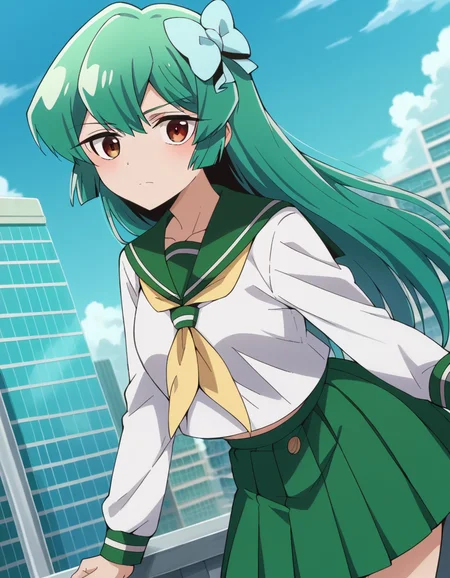 score_9, score_8_up, score_7_up, source_anime,
sayominakami, <lora:sayo-minakami-ponyxl-lora-nochekaiser:1>
sayo minakami, long hair, brown eyes, bow, hair bow, green hair,
skirt, shirt, long sleeves, school uniform, white shirt, pleated skirt, serafuku, sailor collar, neckerchief, green skirt, green sailor collar,
outdoors, cityscape, bent over,
looking at viewer, dutch angle, cowboy shot