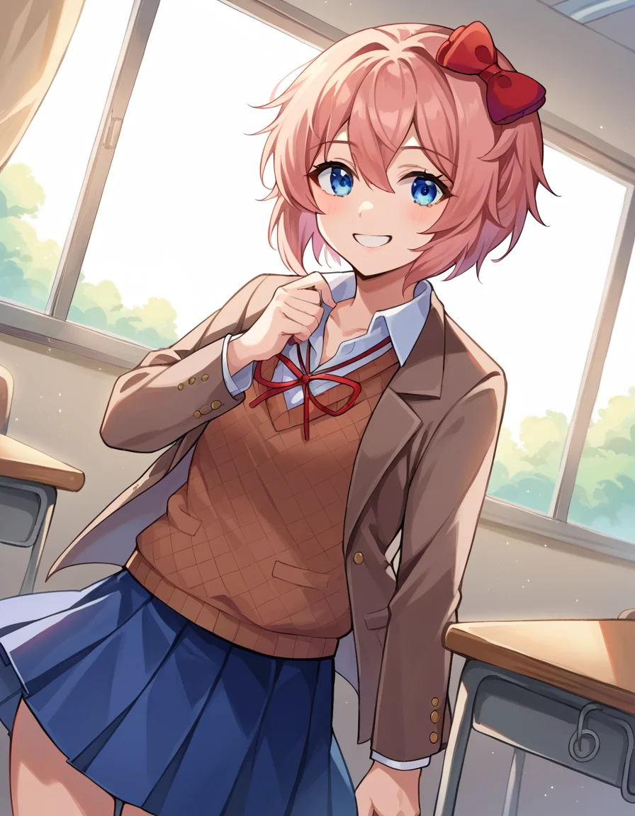 score_9, score_8_up, score_7_up, source_anime,
ddlcsayori, <lora:ddlc-sayori-ponyxl-lora-nochekaiser:1>
ddlcsayori, blue eyes, hair between eyes, hair bow, hair ornament, pink hair, red bow, short hair, smile,
blue skirt, pleated skirt, school uniform, skirt, brown jacket, jacket,
indoors, classroom, 
looking at viewer, dutch angle, cowboy shot,