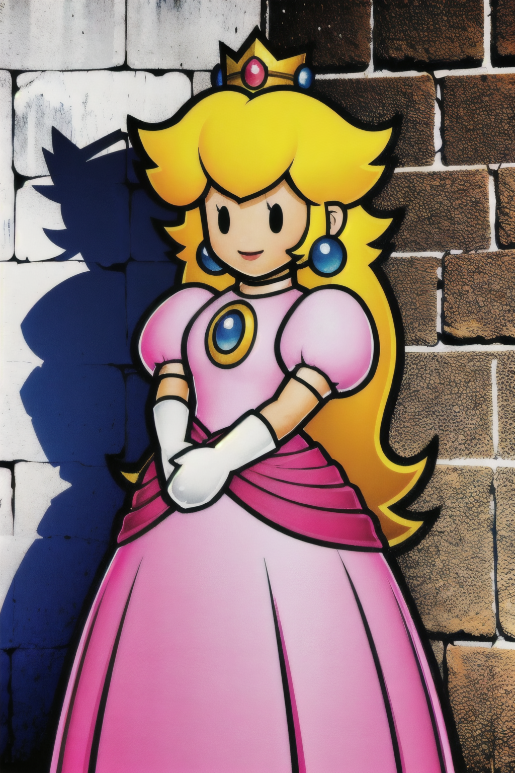 (Realistic:1.5) (masterpiece) 1girl, solo, long hair, smile, blonde hair, dress, jewelry, full body, earrings, white gloves, crown, pink dress, Leaning against a wall with both arms raised above head, <lora:EdobPaperPeach_v2.0:0.8>
