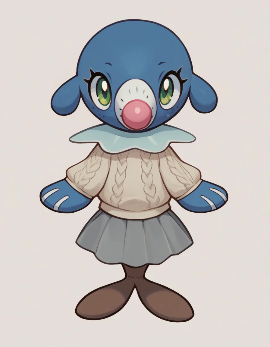 score_9, score_8_up, score_7_up, score_6_up, score_5_up, score_4_up, 1girl, full body, solo,
(purple cable knit sweater), (brown socks), (grey skirt), <lora:Popplio v1:0.8> popplio, blue fur, white snout, pink nose, droopy ears, whisker markings, blue collar, frilled collar, pokemon \(creature\), (seal \(animal\):1.2), green eyes, eyelashes, pinniped, flippers, freckles