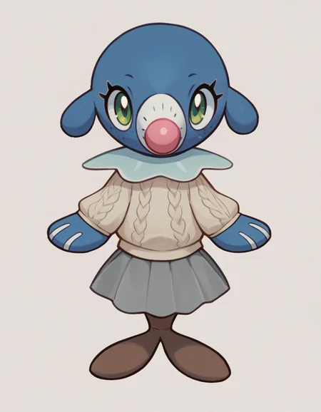 score_9, score_8_up, score_7_up, score_6_up, score_5_up, score_4_up, 1girl, full body, solo,
(purple cable knit sweater), (brown socks), (grey skirt), <lora:Popplio v1:0.8> popplio, blue fur, white snout, pink nose, droopy ears, whisker markings, blue collar, frilled collar, pokemon \(creature\), (seal \(animal\):1.2), green eyes, eyelashes, pinniped, flippers, freckles