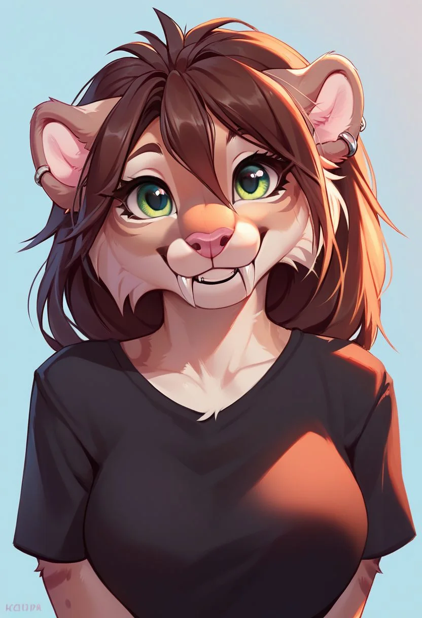 score_9, score_8_up, score_8, 1girl, anthro sabertooth cat, green eyes, brown hair, beige fur, pink nose, round ears, black t-shirt, smiling, cute, portrait, posing