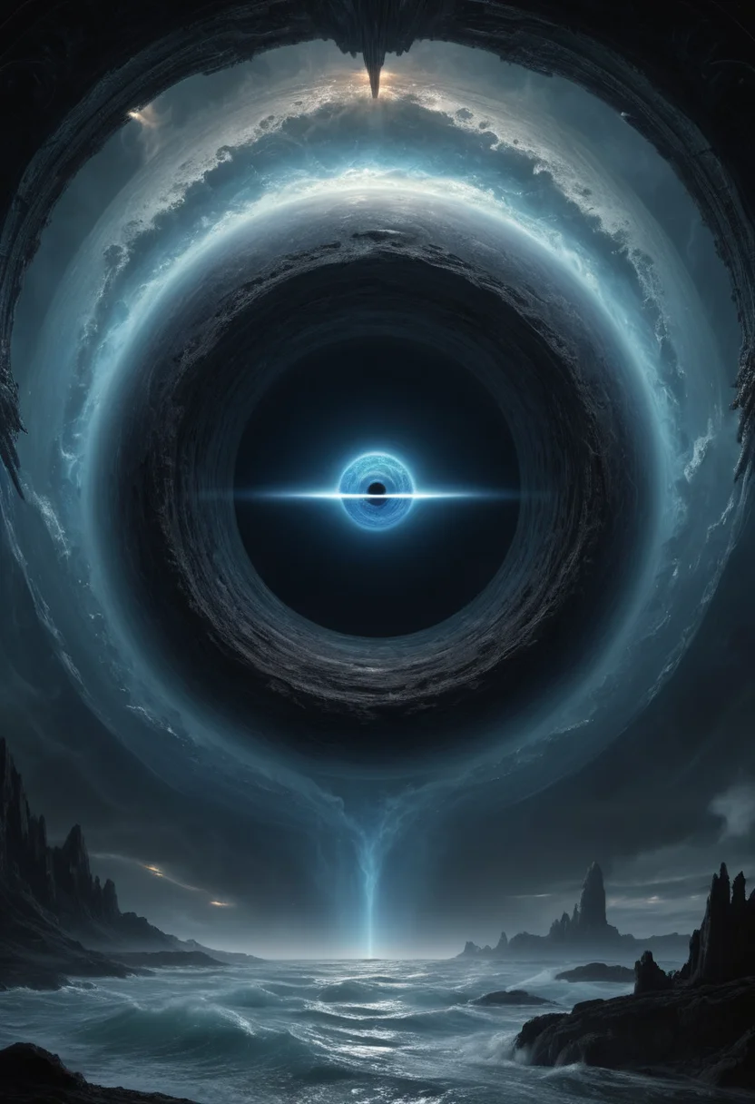 Subject: super massive black hole, portrayed as a majestic backdrop to a colossal space monster emerging from a wormhole, highlighting the planet's grandeur and mystery.' Style: A fusion of gothic sci-fi and Baroque, drawing influences from Beksinski and Caravaggio, focusing on the ethereal and vast expanse of space surrounding Neptune.' Focus: The composition emphasizes Neptune's vastness, using fractal patterns and cosmic colors to depict its swirling storms and deep blue hues, setting a mysterious and grand scene.' Details: Neptune is detailed in 8K UHD, capturing its dynamic atmosphere and the eerie glow of its storms, serving as a powerful backdrop to the space monster with spiky ridges and glowing eyes.' Composition: Neptune dominates the scene, with the monster emerging from the wormhole in a dramatic, symmetrical composition, combining futuristic technology with artistic beauty in a photorealistic style.' Aesthetic: The scene combines the depth of <lora:add-detail-xl:1>