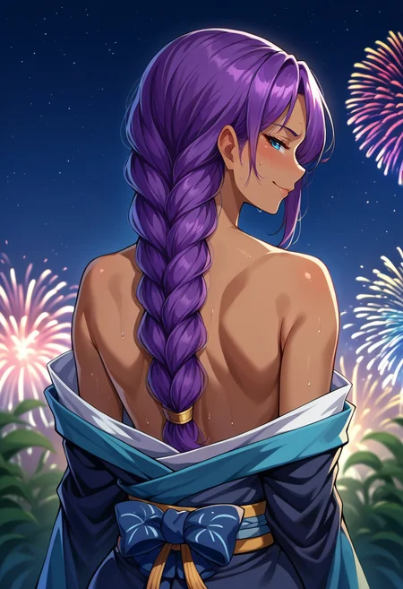 score_9, score_8_up, source_anime, 1girl, solo, ChaMmVT, mature female, blue eyes, mole under mouth, purple hair, long hair, braided ponytail, hair over shoulder, dark skin, looking back, from behind, off-shoulder kimono, smirk, blush, bare shoulders, rimlight, night, japanese clothes, fireworks, depth of field, sweat, arms at sides, <lora:ChamChaChaPonyXL:1>