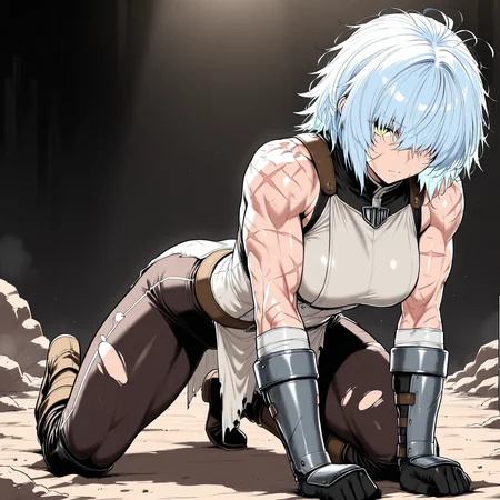 (masterpiece, best quality, ultra-detailed:1.4),
solo,1girl, (light blue hair:1.3), short messy hair, bangs,
(yellow eyes:1.5), (battle-worn expression:1.3), (scar over one eye:1.5), (intimidating aura:1.3),
(hair covering one eye:1.5), (bangs covering left eye:1.4), (left eye obscured by hair:1.4), (hair over eye:1.3),
(battle-hardened:1.4), (war veteran:1.3), (many scars:1.3), (visible wounds:1.2), (weathered face:1.2), (dirt and grime:1.2),
(toned arms:0.6), (muscle tension visible:0.3), (slim but athletic build:1.1), (strong female warrior:1.1),
(full body:1.3)ม
(dynamic lighting:1.3), (gritty, rough textures:1.2), light armor, medieval cloth,
looking at viewer, (hair slightly messy:1.2),
fullbody, (torn and worn-out fighter outfit:1.2),
<lora:VioletV2:1>