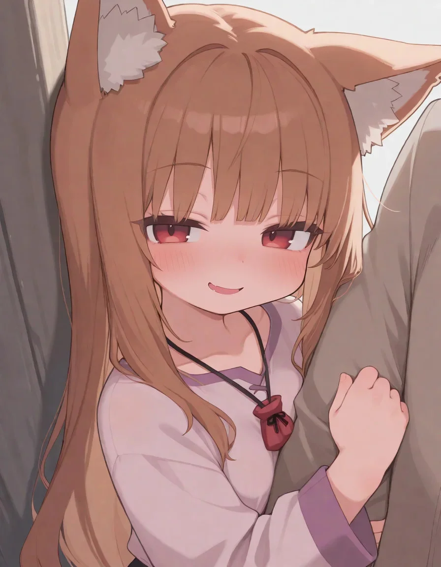 arm hug, blush, naughty face, solo focus, holo (spice and wolf), very awa, masterpiece, best quality, amazing quality, absurd res, hi res, highres,