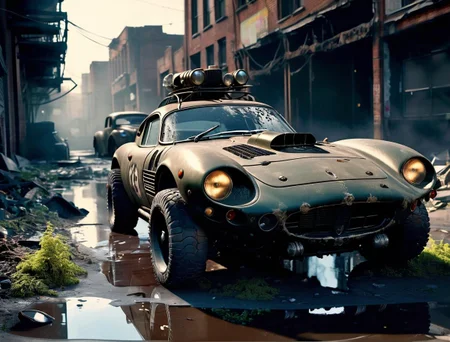 a photo of a dieselpunk sports car, 3/4 front view, survival, post-apocalyptic, cyberpunk, outdoors, ((night)), destruction, urban decay, reflective puddles masterpiece, overgrown city