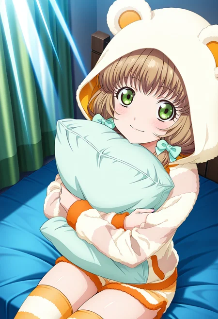 indoor, sitting on bed, god rays,
BREAK,
light smile, blush, hugging pillow,
cowboy shot, from above,
dynamic angle,
BREAK,
<lora:leiax2_illustriousXL_v01:0.9>
leiarnd, leiapjm, brown hair, green eyes, short hair, tied sidelocks,
pajamas, thighhighs, striped clothing, fluffy clothing, hoodie, hood up, animal hoodie, short shorts,
stripped legwear, stripped thighhighs,, source_anime, very aesthetic, anime coloring, masterpiece,
best quality, amazing quality, ultra detailed, very aesthetic,
detailed background,
BREAK,