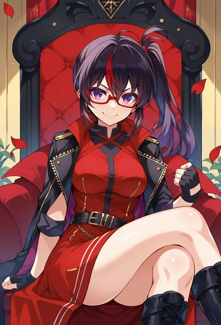 <lora:Misaki-Kurehito-Style-PonyXL:1>, score_9, score_7_up, source_anime, BREAK falling petals, throne room, sitting, crossed legs,, smug smile, 1girl, purple eyes, red-framed eyewear, black hair, red colored tips, red streaked hair, very long hair, side ponytail, tied hair, medium breasts, red colored tips, jacket on shoulders, red dress, sleeves rolled up, fingerless gloves, holster, belt, multiple belts, combat boots, pants under dress, black coat,