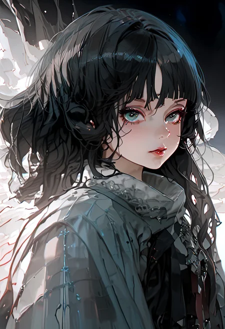 SmoothNoob_Quality, high_detail, usnr, KJOjane, long hair, black hair, aqua eyes, blunt bangs, tail, mouse ears, animal ears, multicolored hair, red colored tips, headshot, Smooth Quality Pony, black background, solo, looking at viewer, sidelock, soft shadow, white dark shadow, A mysterious female figure with long black hair falling straight down like a ghost, facing the camera. Her face is completely obscured by swirling smoke in shades of black, and white. The smoke emerges from her head, blending with the strands of her hair. She wears a dark, flowing robe with subtle patterns. The background is entirely black, creating a stark contrast. The atmosphere is eerie, ethereal, and unsettling. Style is dark surreal, semi-realistic, high detail, dramatic lighting, soft shadows, masterpiece,best quality,good quality,amazing quality,highest quality,high quality,very aesthetic,very awa,highres,absurdres,incredibly absurdres,upscaled