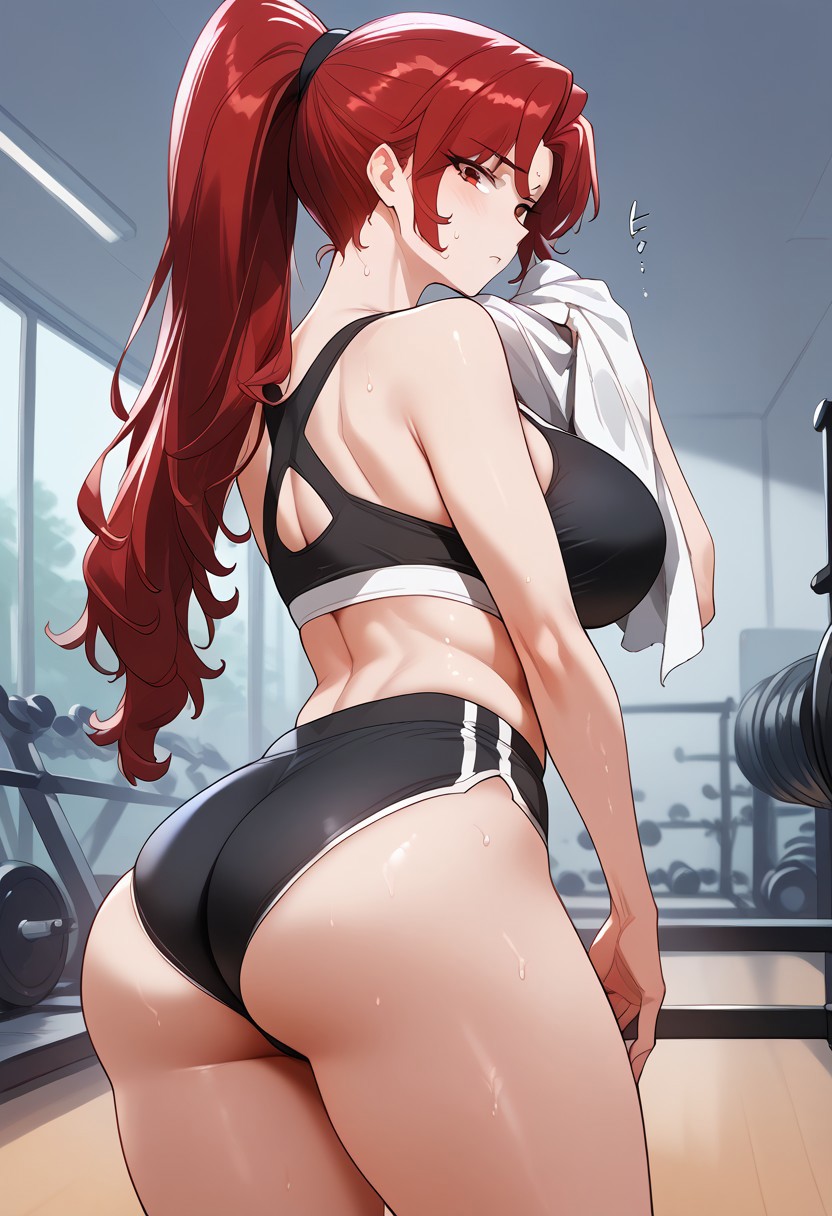 zPDXL3, score_9_up, score_8_up, score_7_up, (Anime_source), 1girl, SoYoomin, red eyes, red hair, long hair, ponytail, from side, toned, sport bra, shorts, thighs, thigh gap, ass, sweat, gym, twisted torso, hand up, holding towel, looking at viewer