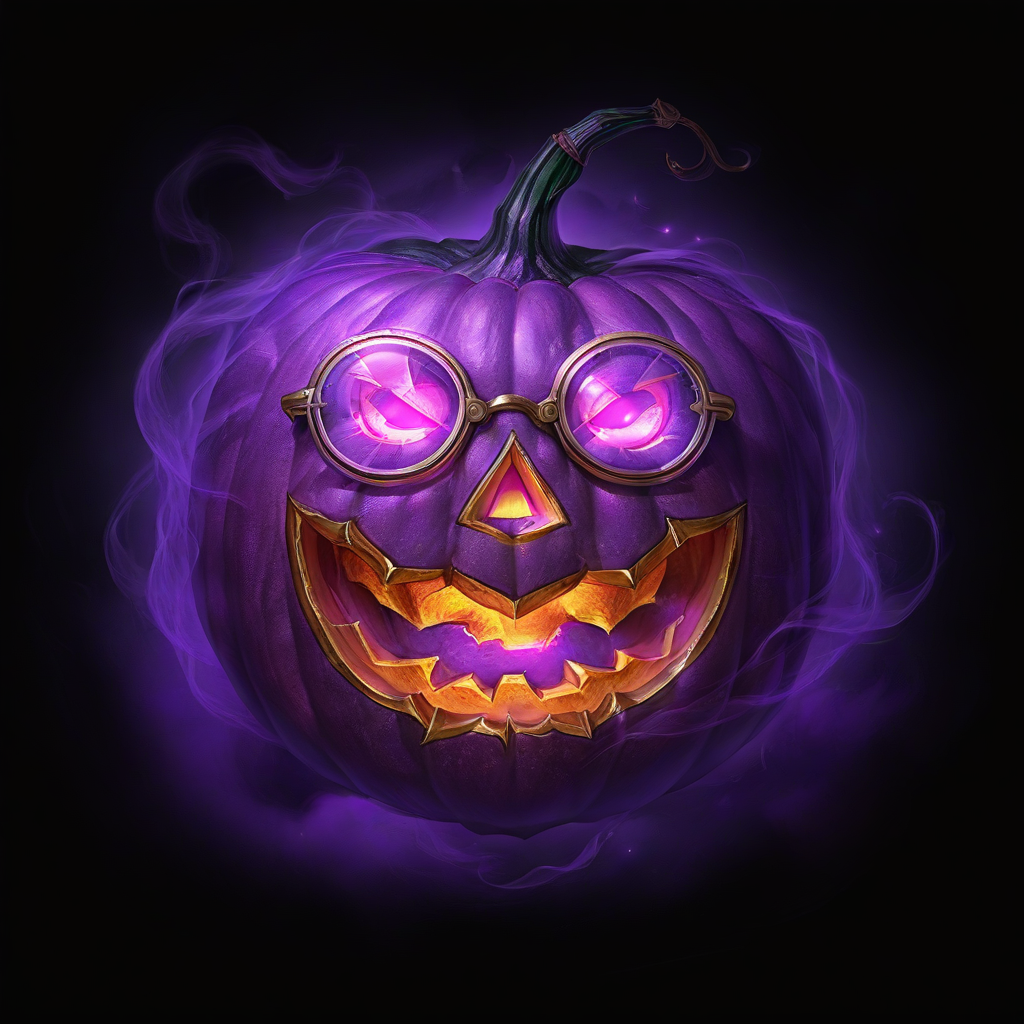 (((black background, simple background))),masterpiece,best quality,great quality,good quality,gmic_\(anheifeng\)ï¼A Halloween purple pumpkin with glowing glasses,<lora:gmic icon_g67icon-000014:0.75>,