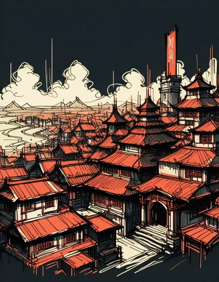 score_9, score_8_up, score_7_up, <lora:Navi_WrathStrokes_PonyXL_S1:1> , red sketch, black background, black theme, monochrome,
at the rooftop , city view, chinese architecture , outdoors, chinese kingdom, medieval,