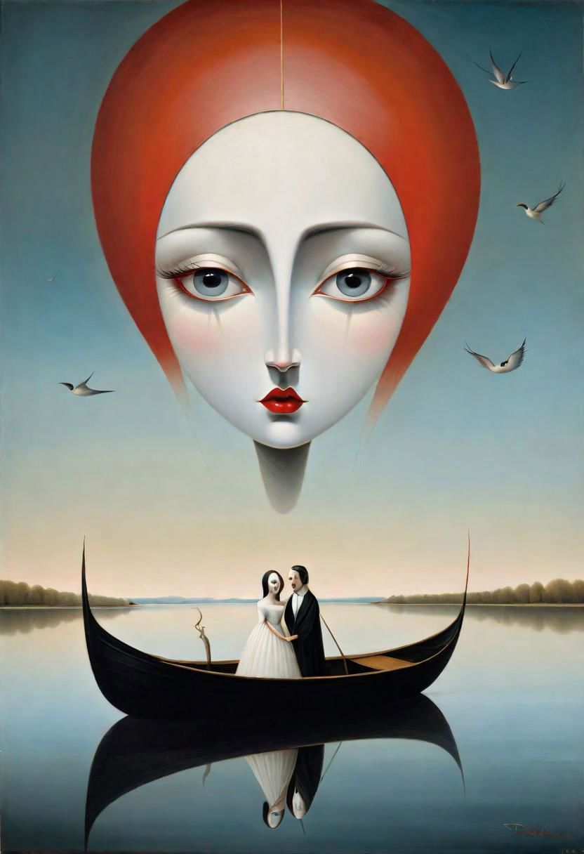 masterpiece.up portrait of diverse model couple with man bright white face, and women dark black face with red eyes looking straight at you in a boat on a mirror lake by hyeronimus bosch.More surrealism and madness.much more surrealism and crazy designs. With gold and cardinal red surreal Salvador Dali clouds coming out of her head.more surrealism and bizarre designs with bright vibrant colours.