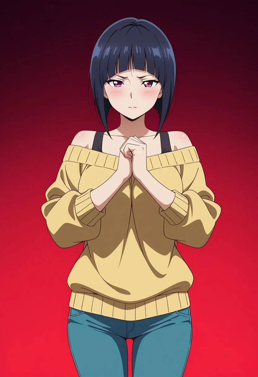 masterpiece, best quality, amazing quality, anime coloring, anime screencap, 1girl, mature female, inverted bob, black hair, blunt bangs, cowboy shot, BREAK simple background, dynamic pose gradient background, red background off-shoulder sweater, fist in hand,