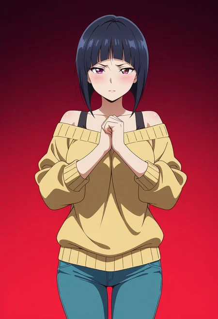 masterpiece, best quality, amazing quality, anime coloring, anime screencap, 1girl, mature female, inverted bob, black hair, blunt bangs, cowboy shot,  BREAK  simple background,  dynamic pose gradient background,  red  background  off-shoulder sweater,     fist in hand,