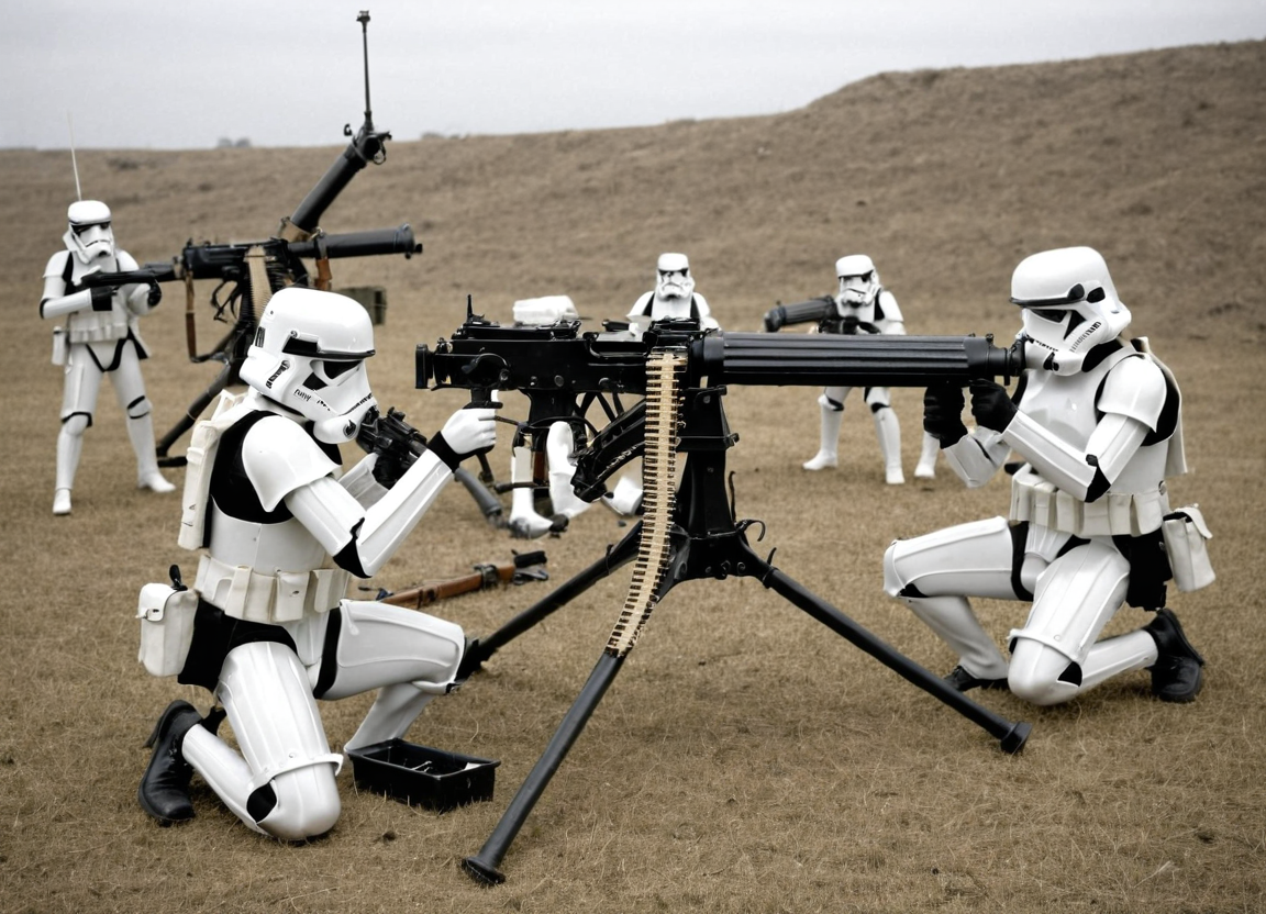 a vkrsmmg medium machine gun weapon is assembled by a group of storm troopers
 <lora:Vickers_Medium_Machine_Gun_SDXL:0.8>