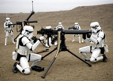 a vkrsmmg medium machine gun weapon is assembled by a group of storm troopers
 <lora:Vickers_Medium_Machine_Gun_SDXL:0.8>