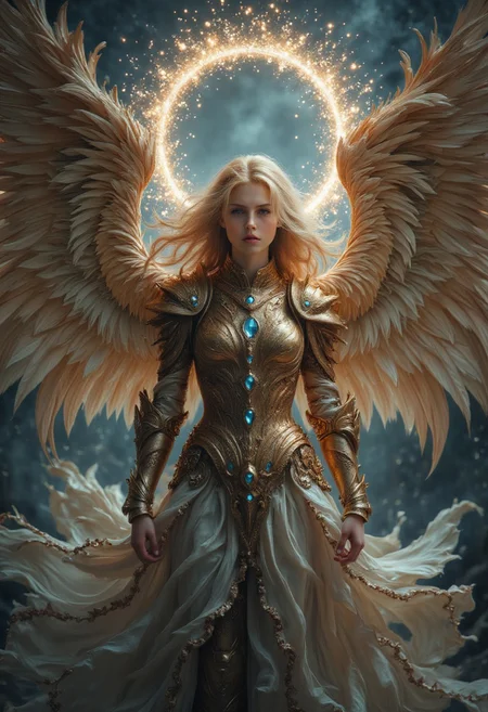 Powerful angelic figure, light-skinned, mid-20s to 30s, with flowing, golden-blond hair cascading down shoulders.  Majestic, golden-hued wings, detailed with intricate feather patterns, extend behind and around the figure.  Wears ornate, golden armor with embellishments of  blue gems, covering the torso, arms, and legs.  A flowing, light cream-colored garment drapes over the armor, creating a majestic and powerful aura.  Serious expression, conveying strength and authority. Standing posture, with hands slightly apart, conveying readiness and confidence.  Environment is a radiant, ethereal space with a circular halo of glowing light around the figure.  Deep, rich blues and golds dominate the color palette. Soft, diffused light illuminates the scene, with subtle highlights on the armor and wings. The composition centers the angelic figure, showcasing the intricate details of the armor, wings, and garments. High-contrast lighting emphasizes the subject's form and gives a dramatic effect.  Style is reminiscent of fantasy art, with a focus on intricate detail and radiant