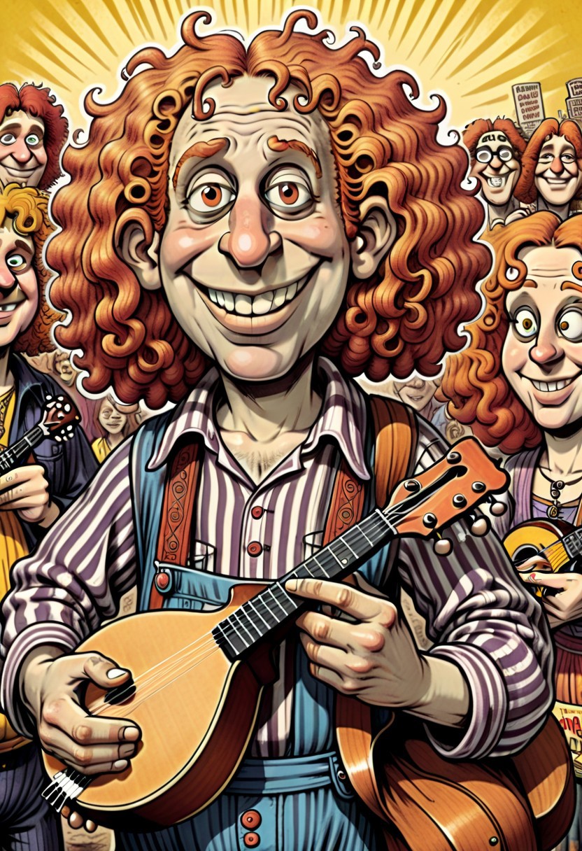 Robert Crumb style cartoon illustration of Hippy Fester on one side, fair curly hair, holding a mandolin, grungy and dirty look, shady musician, grinning. characterized by exaggerated features, music festival, crowd