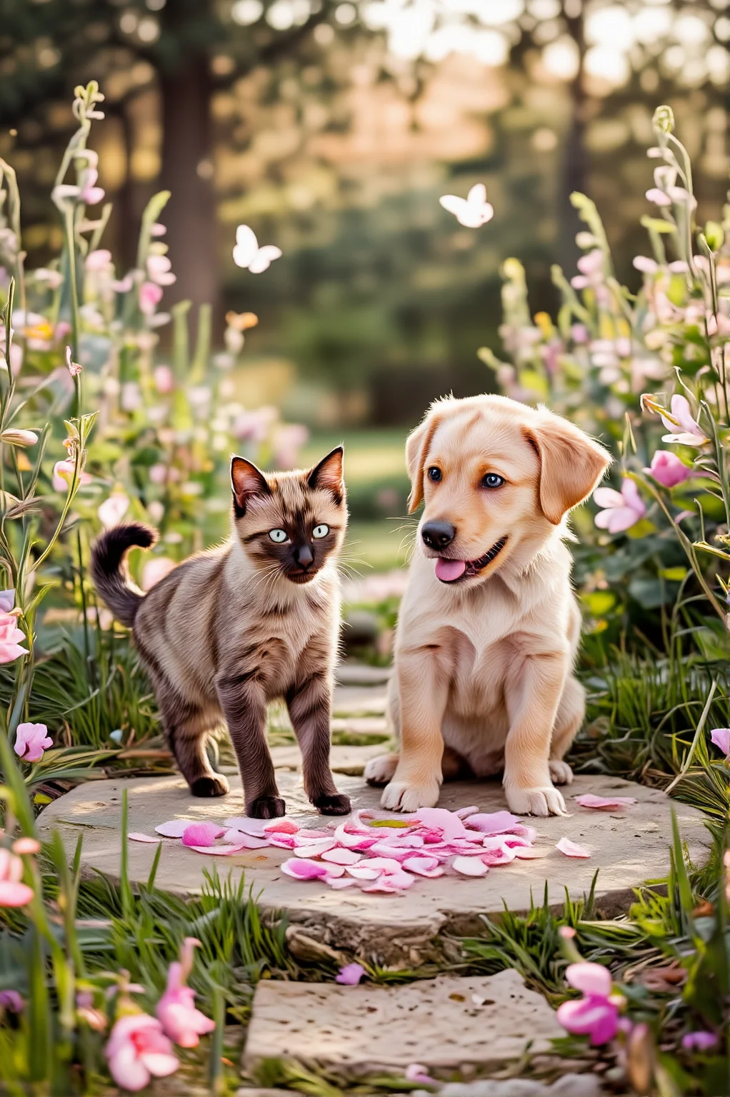 In a sun-drenched garden, where wildflowers sway in a gentle breeze, a curious Siamese cat and a playful golden retriever puppy chase butterflies around a heart-shaped stepping stone. The ethereal romantic glow of springtime fills the air, painting the world in soft pastels. The sublime natural beauty of blooming petals and birdsong surrounds them, their tiny paws kicking up flower petals as they tumble into each other, full of innocent joy and friendship.
<lora:ethereal-romantic-glow-flux:1> <lora:paws-and-hearts-flux:1>