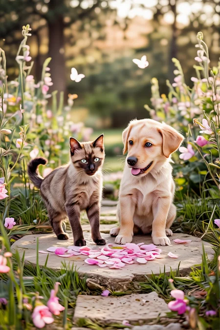 In a sun-drenched garden, where wildflowers sway in a gentle breeze, a curious Siamese cat and a playful golden retriever puppy chase butterflies around a heart-shaped stepping stone. The ethereal romantic glow of springtime fills the air, painting the world in soft pastels. The sublime natural beauty of blooming petals and birdsong surrounds them, their tiny paws kicking up flower petals as they tumble into each other, full of innocent joy and friendship.
<lora:ethereal-romantic-glow-flux:1> <lora:paws-and-hearts-flux:1>