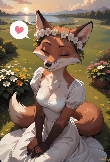 score_9, score_8_up, score_7_up, highres, high quality, perfection,
BREAK 
1girl, (solo: 2.0), girl alone, from above, face focus,
BREAK 
furry female, fox girl, (anthro fox girl: 1.2), beautiful girl, cute girl, adult, 20 years old, detailed body, (two-tone fur), brown fur, white fur, shapely girl, (slim body: 1.2), (bald_girl: 1.2), (baldness: 2.0), detailed face, beautiful face, eyelashes, medium breasts,
clothed, white dress with red rhombus pattern, head wreath, flowers wreath,
sitting on earth, wariza, eyes closed, happy, grin, spoken heart, 
BREAK
outdoors, morning, meadow, detailed background,
