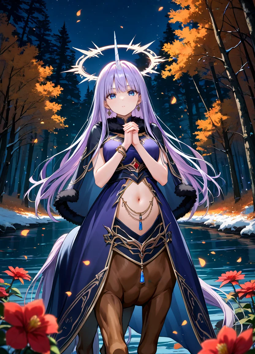 score_9, score_8_up, score_7_up ,source_anime, masterpiece, best quality, perfect anatomy , very aesthetic , official art, BRAKE
((fictional character,female centaur unicorn, half girl, half horse)) , expressionless, silky hair,long hair,multicolored maigcal forest,((night,lowlight,darkness)),bottomless,floating petals,flower,colored shadow,light particles, red flower,orange forest,light purple hair,(tattoo),slim,thin,white witch cape,fur cape,purple armor,druid,belly chain, earrings,bracelet,snow,river,blue eyes,long bangs,hair over face, hair behind ear,((white unicorn horn)),shirt,own hands clasped, ,halo,praying