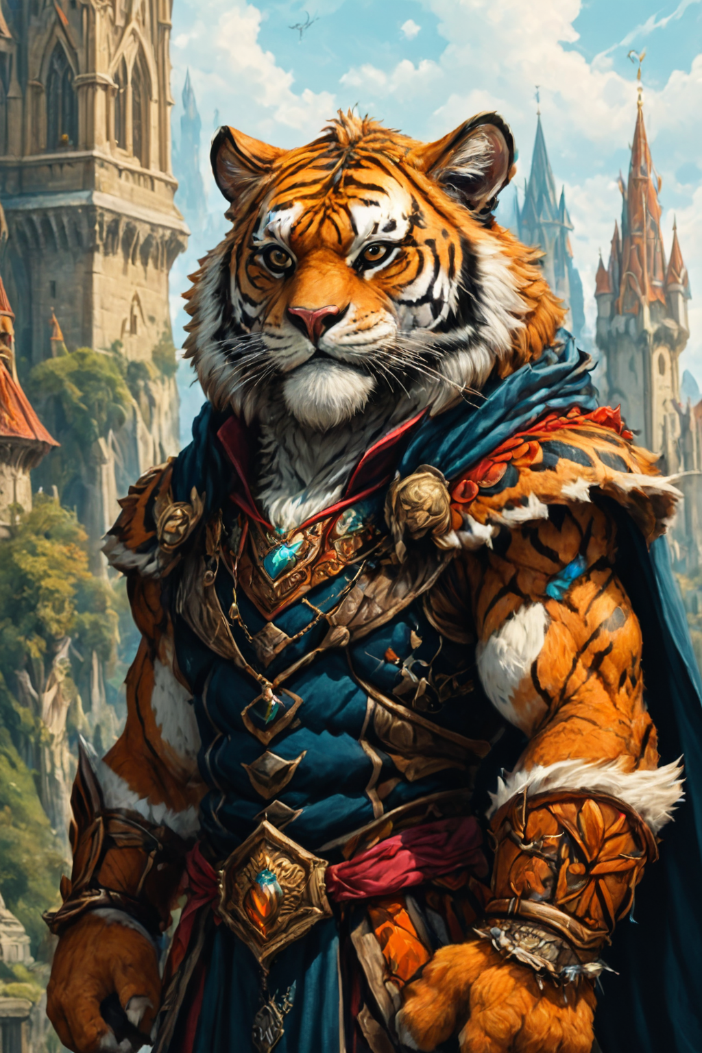 Detailed digital portrait of an anthro Tiger at a Towering spires of a wizard's academy, <lora:xl_more_art-full_v1:0.5>,  <lora:The_Crazy_Style:0.7> <lora:anthro_muscular:0.7>