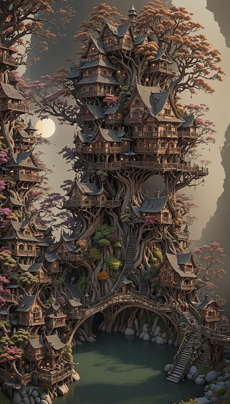 a wonderous and beautiful fantasy world with the Tree House Mansion Village, Multiple Bridges, sun, in the day, insanely detailed and intricate, hyper maximalist, elegant, hyper realistic, super detailed, vivid colours, sunrise, ornate, dynamic, articulate, 8K, <lora:3D_Framed_Wall_Art_-_By_DICE:0.6>, (Framed 3D, 3d Tree), EPIC, Painstaking Attention To Detail, UHD