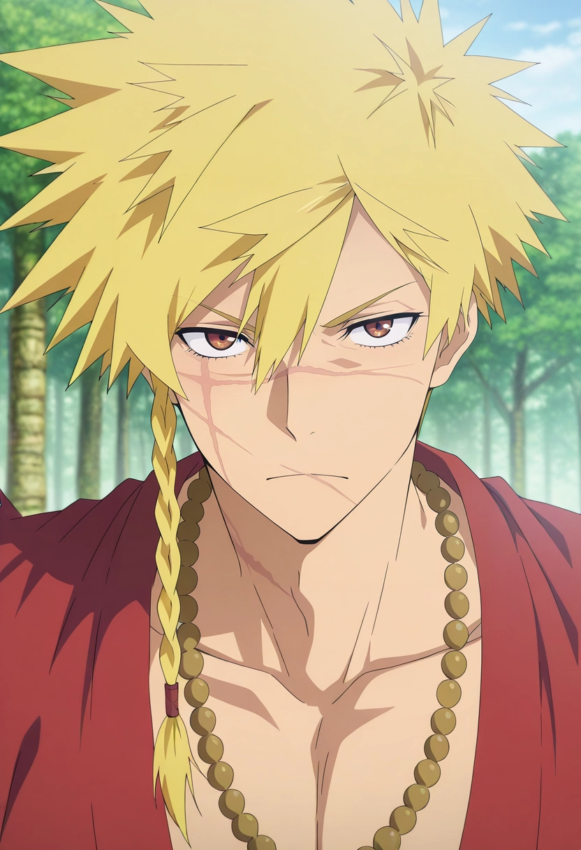 masterpiece, best quality, , anime screencap, anime coloring, official style, looking at viewer, 1boy, solo, male focus, <lora:choubei_aza_ilxl:0.9>, choubei_aza, blonde hair, brown eyes, long hair, braid, spiked hair, scar, scar on face, necklace, ,