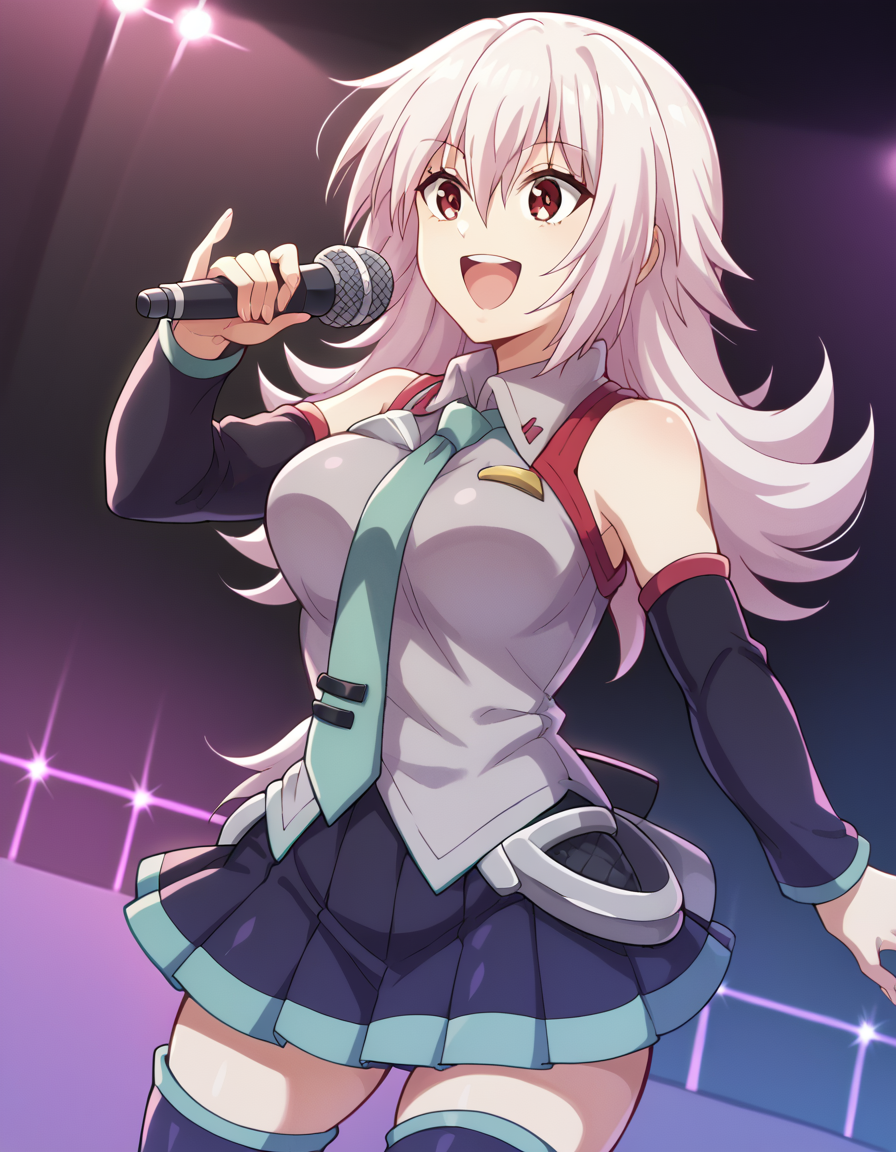 score_9, score_8_up, score_7_up, source_anime, <lora:matsuri-kazamaki-s1-v2-ponyxl-lora-nochekaiser:1>, matsuri kazamaki, long hair, red eyes, pink hair, hair between eyes, sidelocks, large breasts,, <lora:hatsune-miku-cosplay-ponyxl-lora-nochekaiser:1>, hatsunemikucosplay, hatsune miku (cosplay), aqua necktie, black footwear, black skirt, black sleeves, boots, collared shirt, detached sleeves, grey shirt, necktie, pleated skirt, shirt, skirt, sleeveless, sleeveless shirt, thigh boots, tie clip,, stage, stage lightings, singing, microphone, holding microphone, open mouth, smile, , cowboy shot, dutch angle,