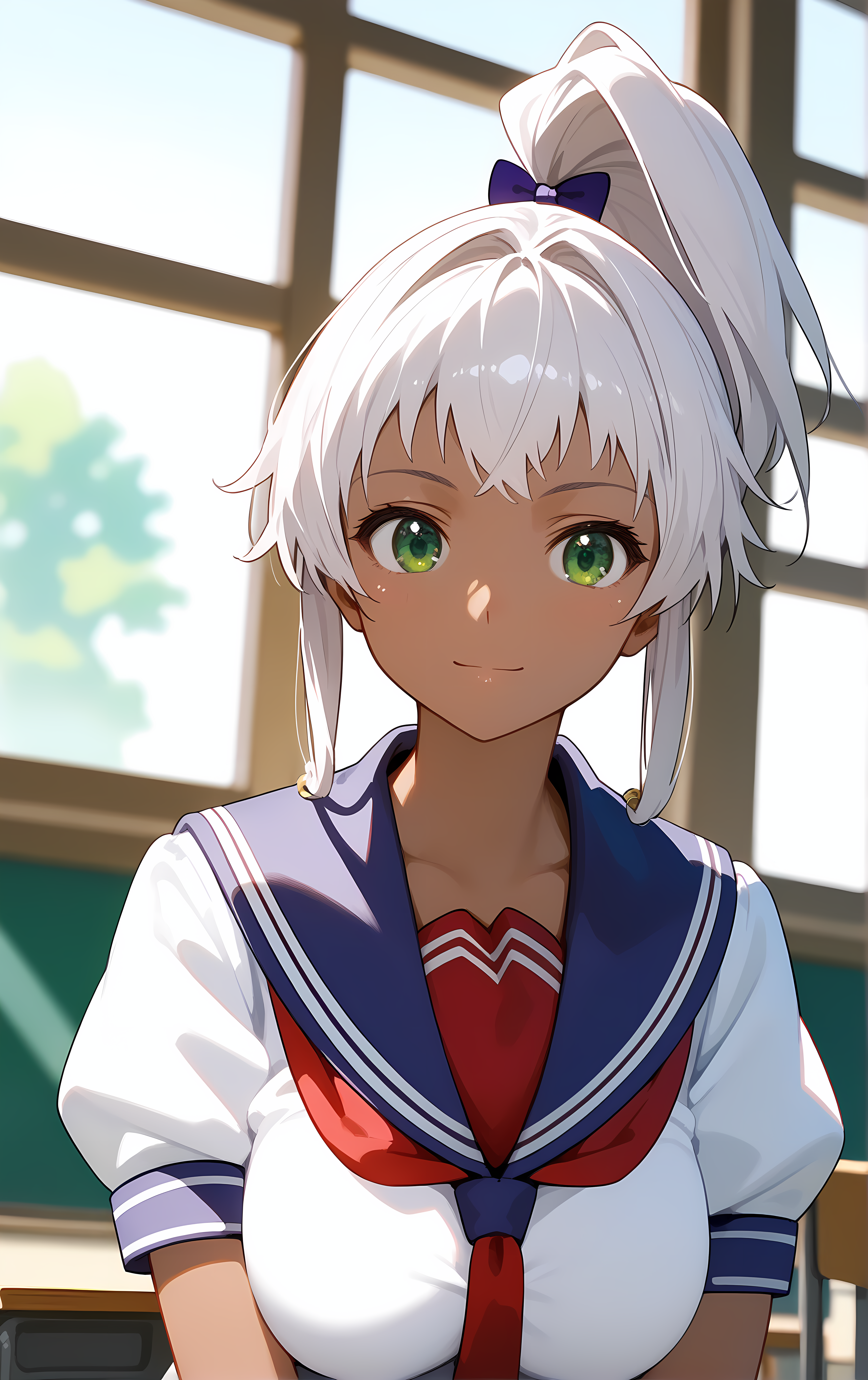 (score_9, score_8_up, score_7_up), standing, leaning forward, looking at viewer, light smile, closed mouth, shiny skin, tight clothes,
ohwx, 1girl, solo, green_eyes, breasts, large_breasts, dark_skin, dark-skinned_female, ponytail, white_hair, long_hair, high_ponytail, bow,
school_uniform, serafuku, short_sleeves, necktie, sailor_collar,
window, sunlight, classroom,
blurry, cowboy shot, dutch angle, upper body, close-up,
 <lora:chacha_akaza_pony_ss-000004:1>