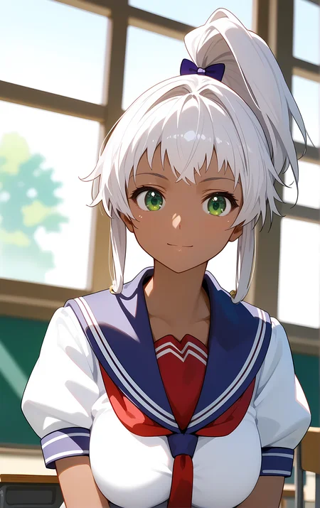 (score_9, score_8_up, score_7_up), standing, leaning forward, looking at viewer, light smile, closed mouth, shiny skin, tight clothes,
ohwx, 1girl, solo, green_eyes, breasts, large_breasts, dark_skin, dark-skinned_female, ponytail, white_hair, long_hair, high_ponytail, bow,
school_uniform, serafuku, short_sleeves, necktie, sailor_collar,
window, sunlight, classroom,
blurry, cowboy shot, dutch angle, upper body, close-up,
<lora:chacha_akaza_pony_ss-000004:1>