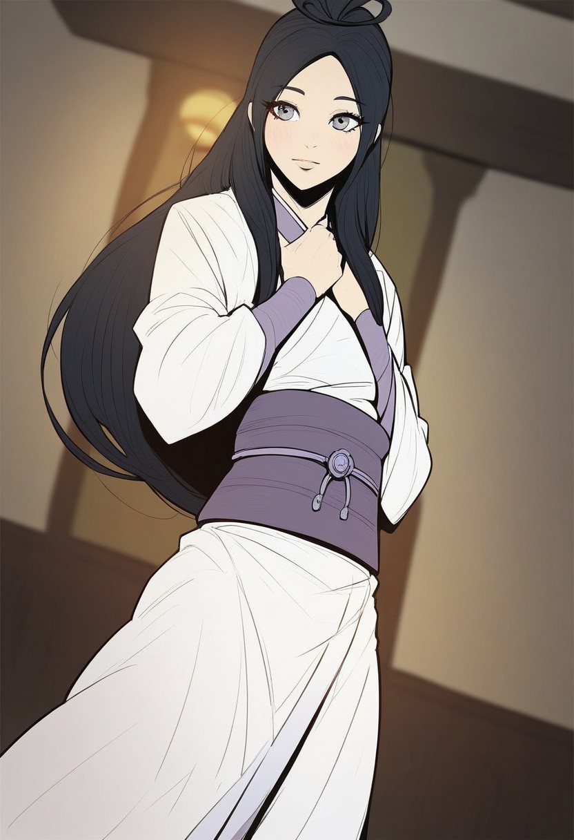 score_9,score_8_up,score_7_up,score_6_up,blurry, blurry background,1girl,eun ha seol,grey eyes,black hair,long hair,solo,long sleeves,sash,hanfu,posing,dark,under light,indoors,living room,cowboy shot, dutch angle