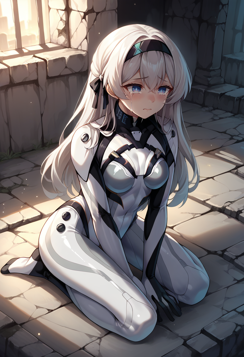 score_9, score_8_up, source_anime, 1girl, solo, FireflyPlugsuit, blue pupils, long hair, black hairband, hair ribbon, plugsuit, white bodysuit, seiza, kneeling, on floors, ruins, crying, <lora:ChamFireflyV2PonyXL:1>
