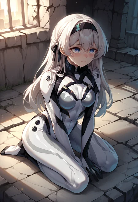 score_9, score_8_up, source_anime, 1girl, solo, FireflyPlugsuit, blue pupils, long hair, black hairband, hair ribbon, plugsuit, white bodysuit, seiza, kneeling, on floors, ruins, crying, <lora:ChamFireflyV2PonyXL:1>