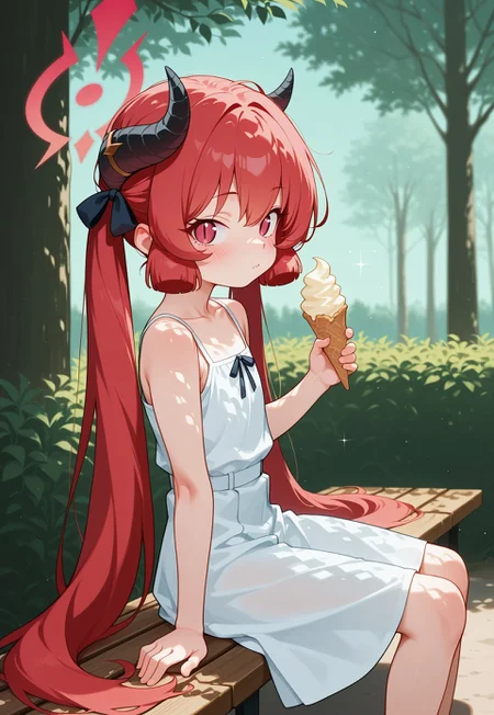 absurdres,outdoors,masterpiece, best quality, amazing quality, sitting,(from side:1.2), shade, sappled sunlight, bench, tree, food, holding ice cream, ice cream cone, 1girl, long hair, junko \(blue archive\), red eyes, looking at viewer, slit pupils, blush, red hair, twintails,(blunt tresses:1.3), horns, sidelocks, skinny, flat chest, petite, white dress, sundress, empire waist, collarbone, sleeveless, day, green background, sparkle,(blurry background:1.2),(dappled sunlight:1.3), shadow