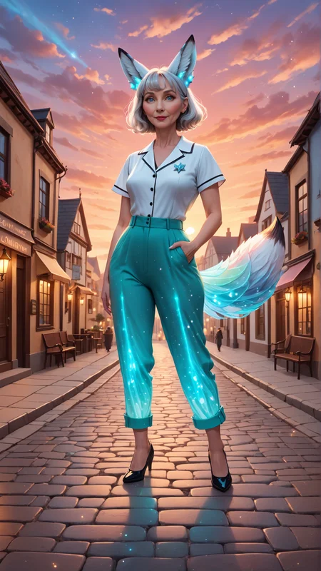 (front view:2), (detailed old mature female gender character:2) wearing detailed (bioluminescent 50's style pants:2), flowing beige hair and expressive eyes, (fox-like ears:2), (detailed fox one tail:2), (white thin body shape:2). Walking through a very cozy furry town with pastel color palette, the charming street has cobblestone streets, and (sunrise horizon:1.5). Magic sparkles float in the air, adding a subtle touch of fantasy, doortoinfinity <lora:d\EnvyZoomSliderXL01:-1.25> <lora:doortoinfinity:1> <lora:more_details:1.5> <lora:xl_bioluminescent_dress-1.0:1>